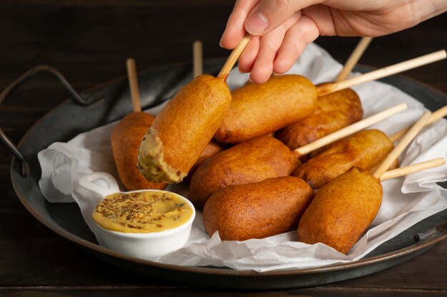 Top view on delicious corn dog