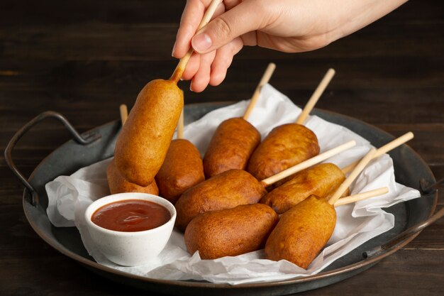 Top view on delicious corn dog