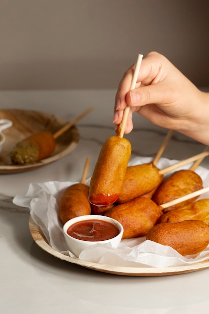 Free photo top view on delicious corn dog