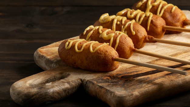 Free photo top view on delicious corn dog