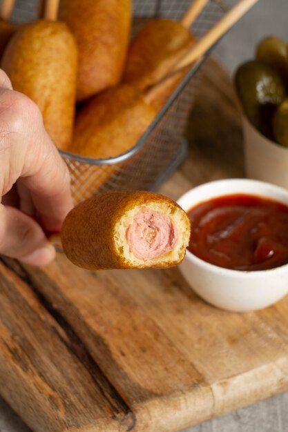 Top view on delicious corn dog