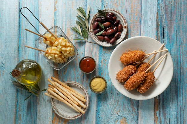 Free photo top view on delicious corn dog