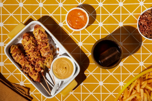 Top view delicious corn dogs arrangement