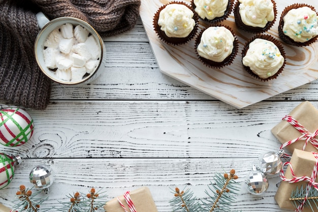 Top view delicious cupcakes arrangement