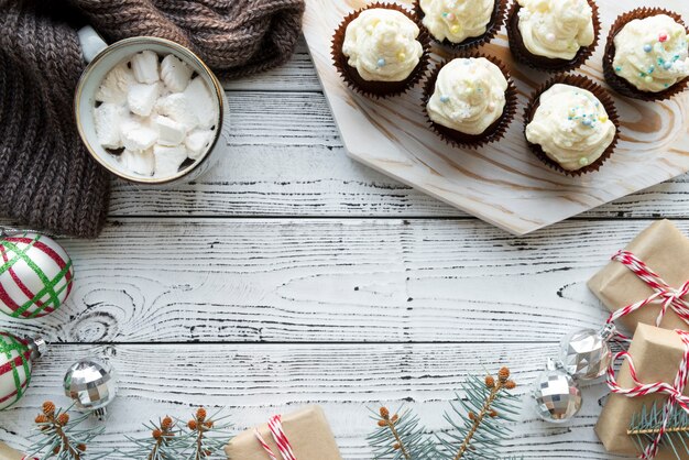 Top view delicious cupcakes arrangement