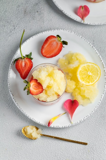 Top view delicious dessert with fruits