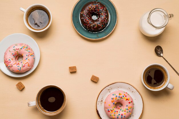 Top view of delicious donuts arrangement