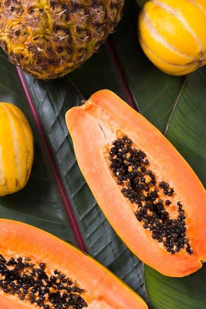 Top view delicious exotic fruits on the table