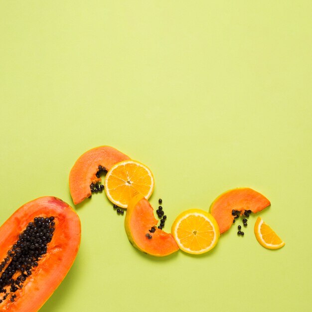 Top view delicious exotic fruits on the table