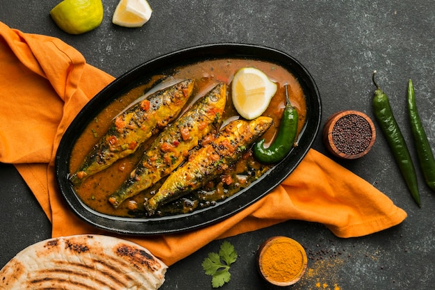 Foto gratuita vista dall'alto deliziosa farina di pesce sul vassoio