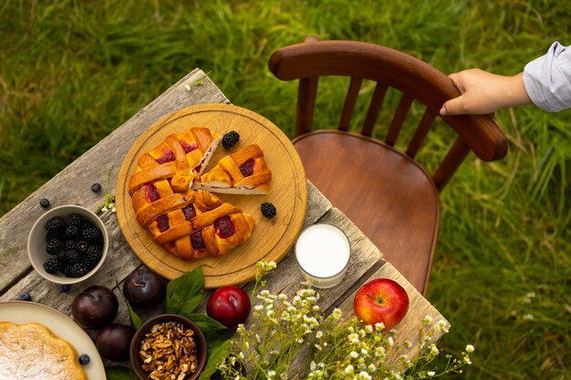 Top view delicious food on table arrangement