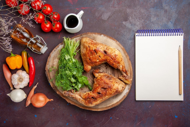 Free Photo top view delicious fried chicken with fresh vegetables and greens on dark space