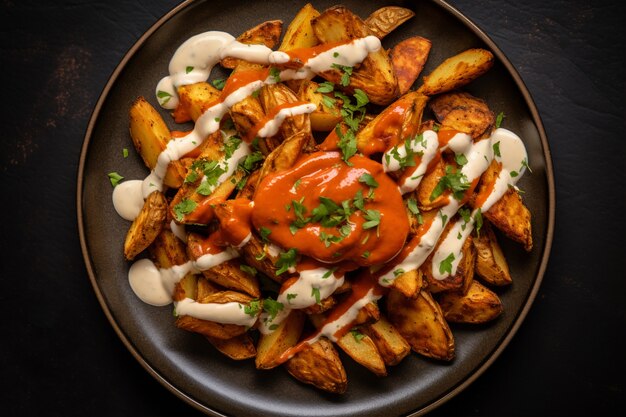 Top view delicious fries on table