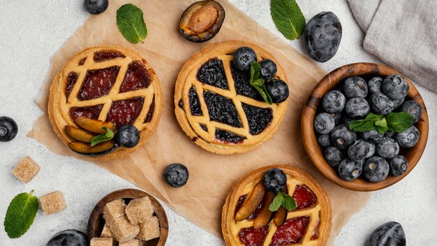 Top view of delicious fruit pies