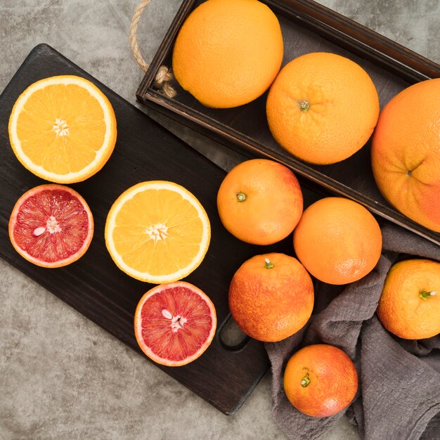 Top view delicious fruits on the table