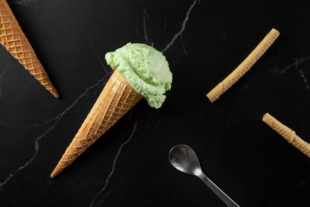 top view delicious green ice cream still life