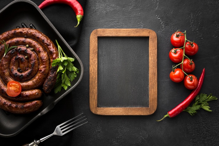 Бесплатный Фотография вид сверху вкусная жареная колбаса на столе