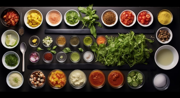 Foto gratuita vista dall'alto ingredienti deliziosi sul tavolo