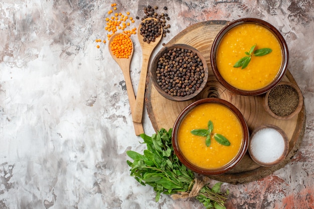 Top view delicious lentils soup on light background meal food hot dish photos