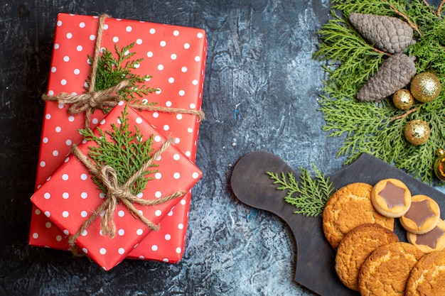 Top view delicious little biscuits with presents