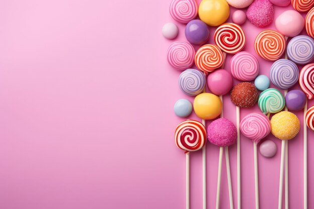 Top view delicious lollipops with copy space