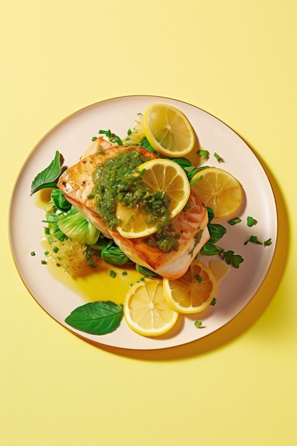 Foto gratuita vista dall'alto delizioso pesce mahi mahi con limone