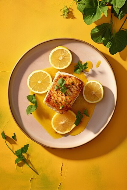 Top view delicious mahi mahi fish with lemon