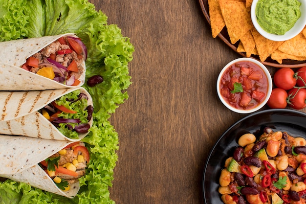 Top view delicious mexican food ready to be served