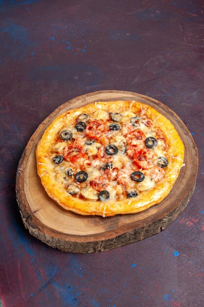 Top view delicious mushroom pizza cooked dough with cheese and olives on dark surface meal pizza food dough italian