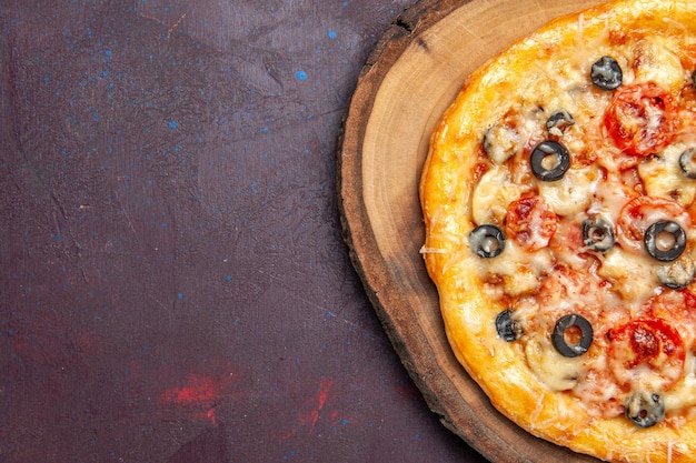 Top view delicious mushroom pizza cooked dough with cheese and olives on dark surface meal pizza italian food dough