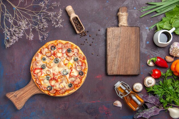 Top view delicious mushroom pizza with cheese and olives on dark surface meal italian food dough snack pizza