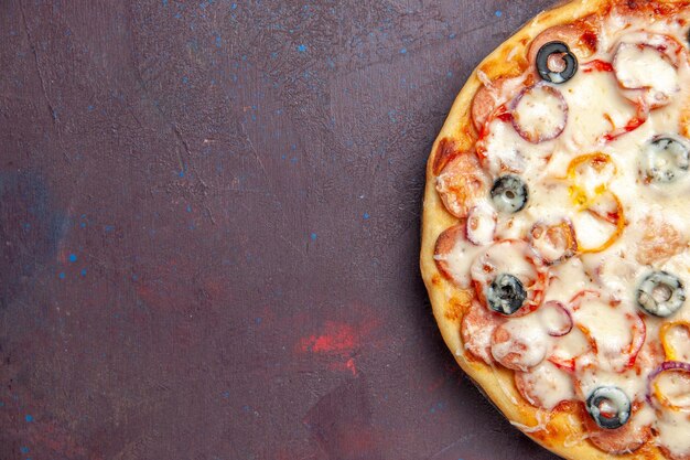 Top view delicious mushroom pizza with cheese olives and tomatoes on a dark-purple surface italy meal dough pizza food