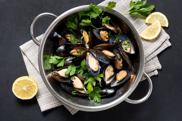 Top view delicious mussels with parsley