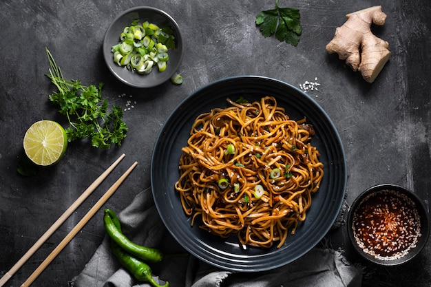 Top view of delicious noodles concept