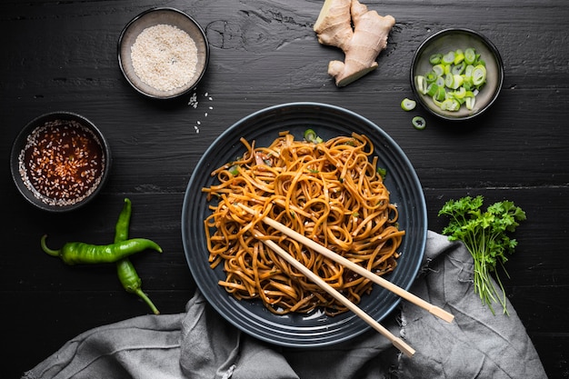 Top view of delicious noodles concept
