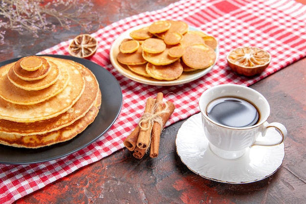 Top view on delicious pancakes with various ingredients