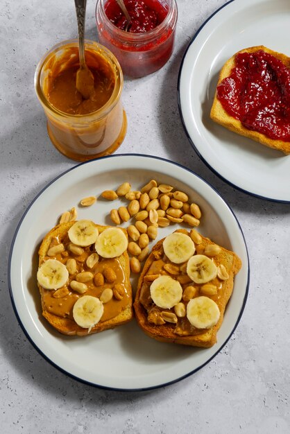 Top view delicious peanut butter with blueberries