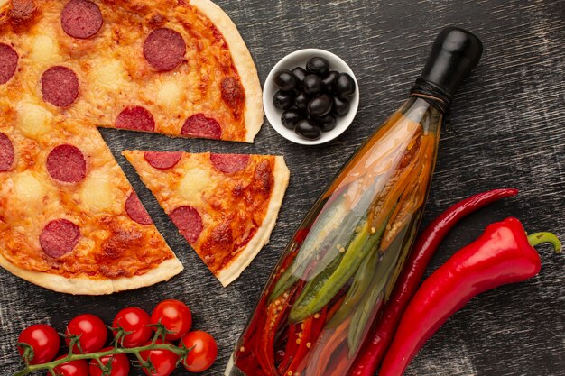 Top view delicious pizza with stucco background