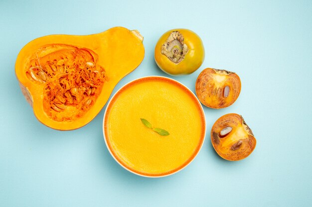 Top view of delicious pumpkin soup in a bowl