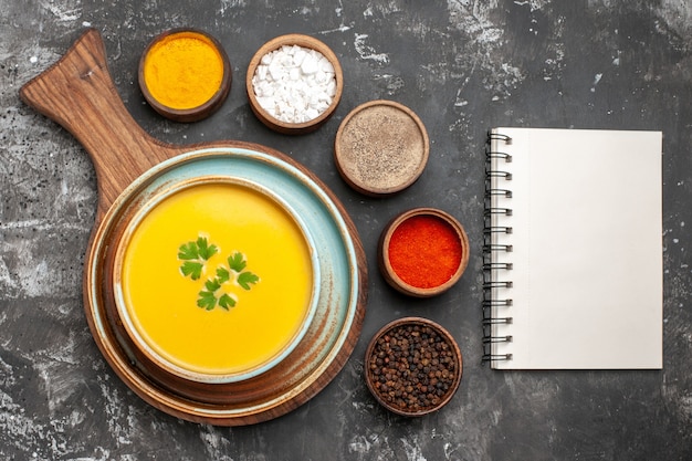 Top view of delicious pumpkin soup in a bowl