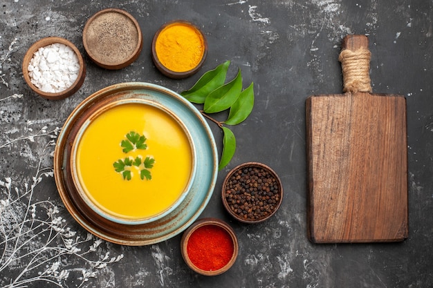 Top view of delicious pumpkin soup in a bowl