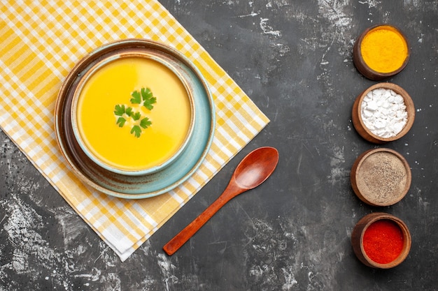 Top view of delicious pumpkin soup in a bowl