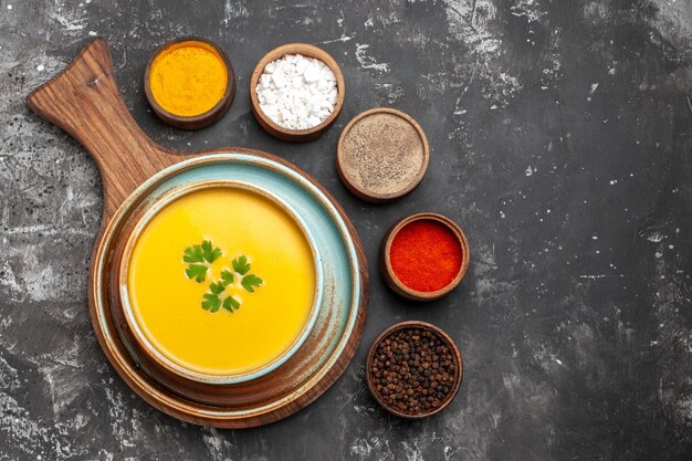 Top view of delicious pumpkin soup in a bowl