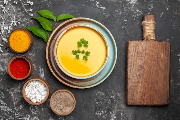 Top view of delicious pumpkin soup in a bowl