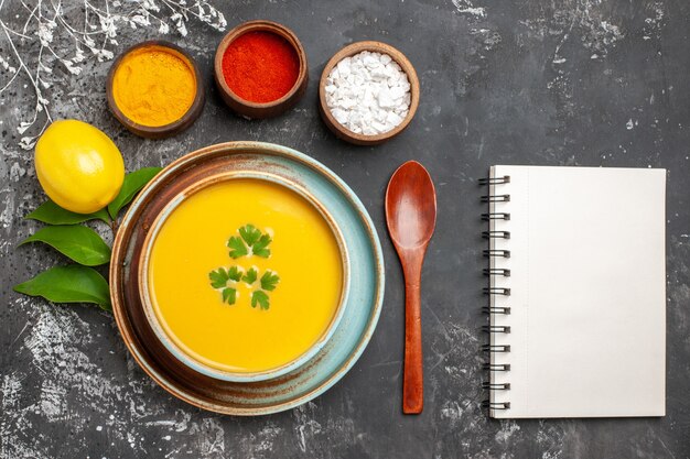 Top view of delicious pumpkin soup in a bowl