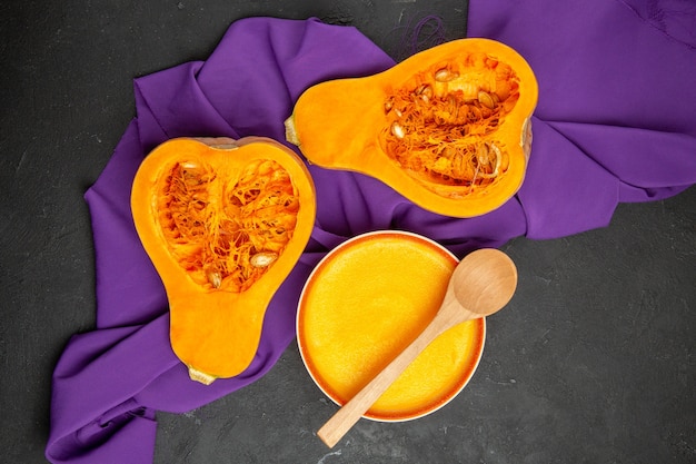 Top view of delicious pumpkin soup in a bowl