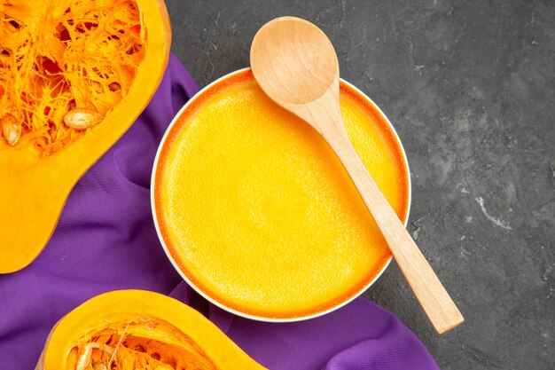 Top view of delicious pumpkin soup in a bowl