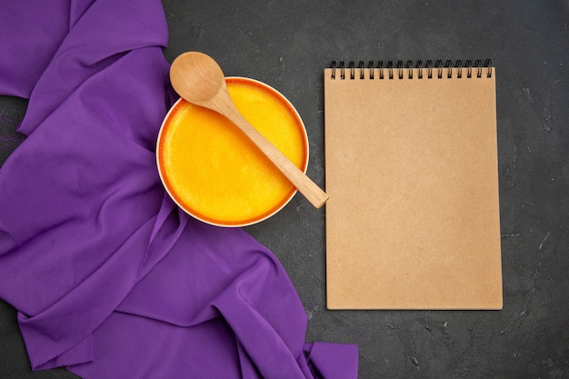 Top view of delicious pumpkin soup in a bowl