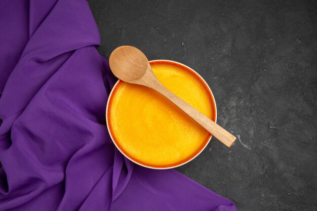 Top view of delicious pumpkin soup in a bowl