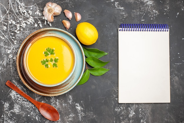 Top view of delicious pumpkin soup in a bowl